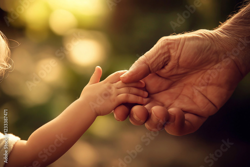 A tender moment captured as a small child's hand holds an elderly grandparent's hand in a warm, emotional scene under soft sunlight, symbolizing intergenerational love and family connection