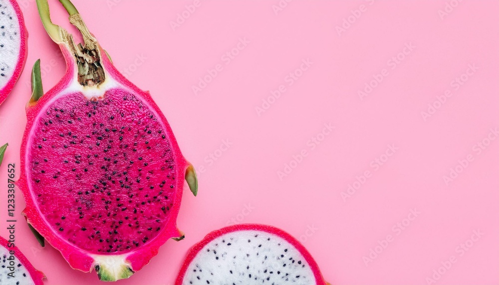 Vibrant pink dragon fruit slices on a pink background. A refreshing summer treat! Vibrant pink dragon fruit slices on a pink background. A refreshing summer treat!