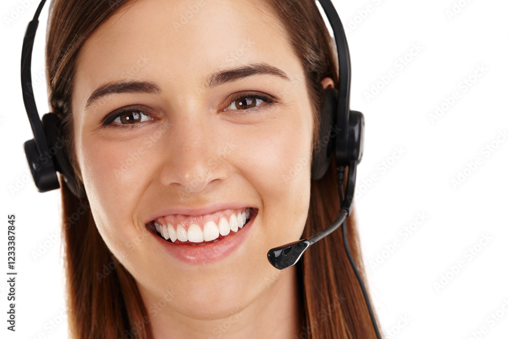 Woman, portrait and telemarketing sale in studio, hotline operator and white background. Female person, call centre agent and helping with customer support, headset closeup and virtual consultant Woman, portrait and telemarketing sale in studio, hotline operator and white background. Female person, call centre agent and helping with customer support, headset closeup and virtual consultant