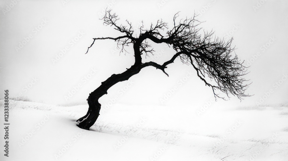 Lonely winter tree snow landscape, bleak scenery Lonely winter tree snow landscape, bleak scenery