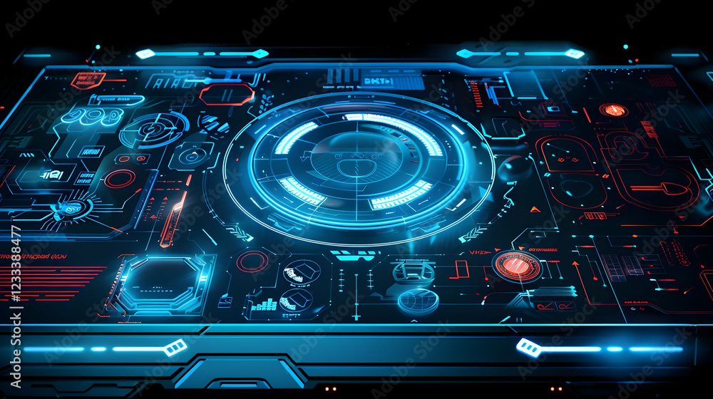 Obraz premium Futuristic digital interface with glowing elements and data displays.