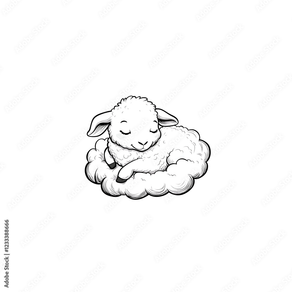 A cute, fluffy sheep resting peacefully on a cloud, perfect for whimsical illustrations. A cute, fluffy sheep resting peacefully on a cloud, perfect for whimsical illustrations.