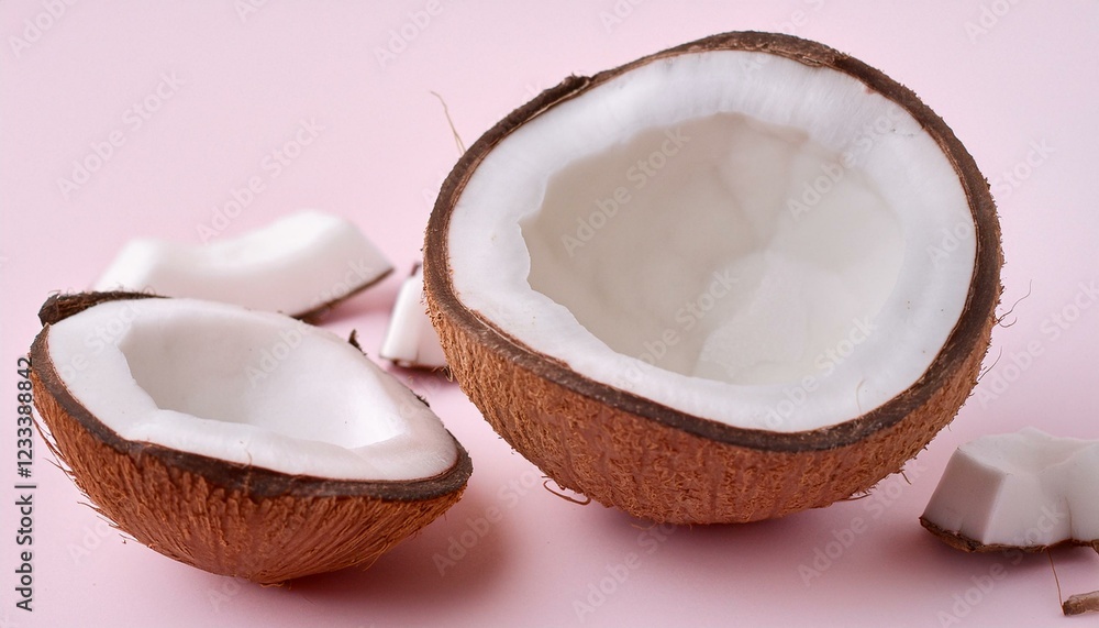 Cracked coconut on pink background. Refreshing tropical fruit. Cracked coconut on pink background. Refreshing tropical fruit.