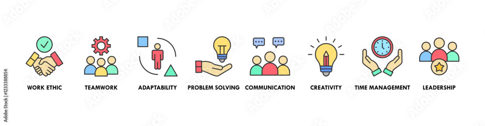 Banner of soft skills web vector illustration concept with icons of work ethic, teamwork, adaptability, problem solving, communication, creativity, time management, leadership Banner of soft skills web vector illustration concept with icons of work ethic, teamwork, adaptability, problem solving, communication, creativity, time management, leadership