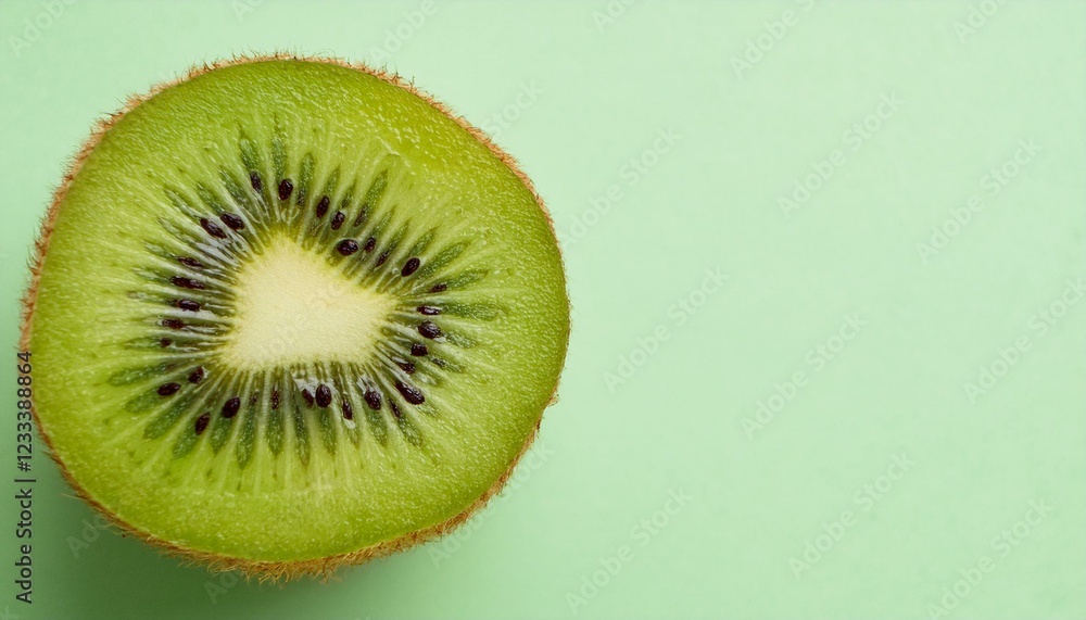 Close-up of a juicy kiwi fruit slice against a pastel green background. Close-up of a juicy kiwi fruit slice against a pastel green background.
