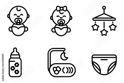 Baby Care Line Icons Set – Newborn, Pacifier, Baby Bottle, Diaper, Crib Mobile, Baby Monitor