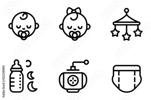 Baby Care Line Icons Set – Newborn, Pacifier, Baby Bottle, Diaper, Crib Mobile, Baby Monitor