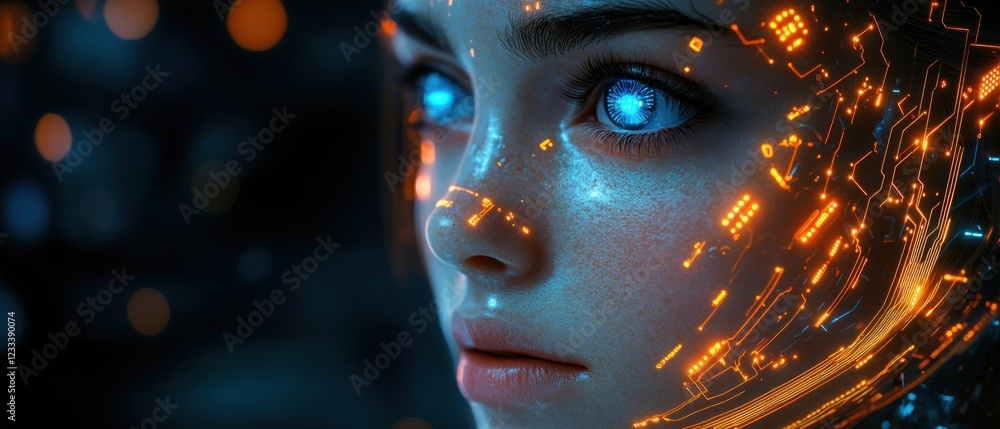 Futuristic portrait of woman with glowing circuitry details Futuristic portrait of woman with glowing circuitry details