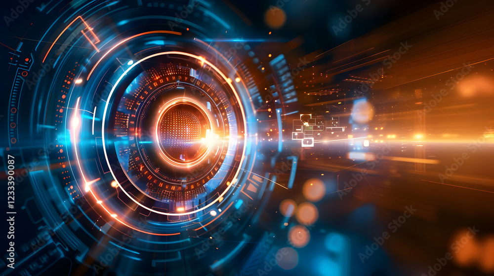 Fototapeta premium Abstract digital design featuring futuristic circular patterns and vibrant light trails.