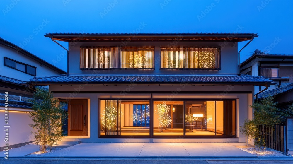 Modern Japanese House Illuminated At Night Modern Japanese House Illuminated At Night