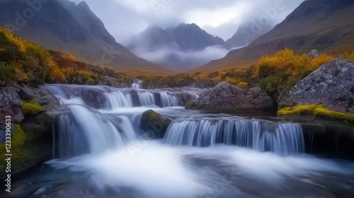 Misty mountain waterfall stream autumn landscape, nature travel