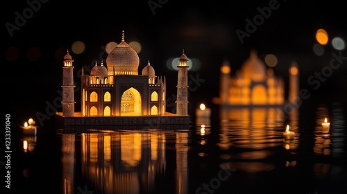 Illuminated Taj Mahal Model on Water at Night photo