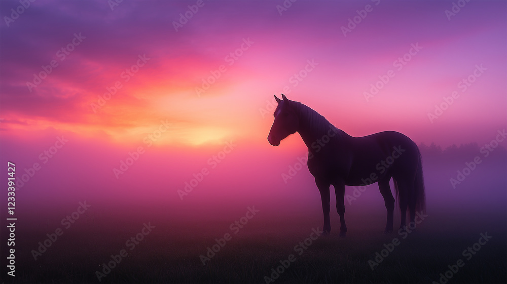 牧場の朝と馬のシルエット – 穏やかに始まる一日の風景