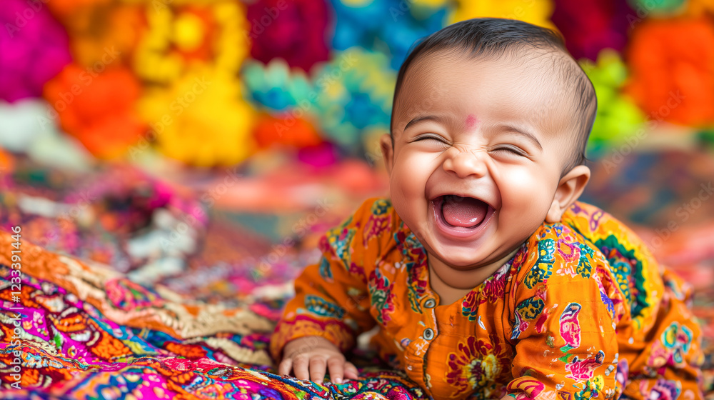 Cute Indian Baby Laughing on Soft Rug in Cozy Room. Cute Indian Baby Laughing on Soft Rug in Cozy Room.