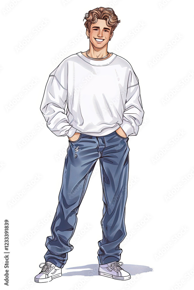 Clipart of a happy individual in white sweatshirt and jeans, illustrated with clean lines and soft tones. Clipart of a happy individual in white sweatshirt and jeans, illustrated with clean lines and soft tones.