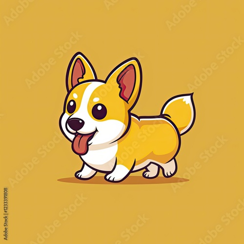 Cute corgi cartoon in flat design, resting on a soft pastel background, perfect for a playful sticker concept. photo