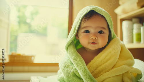 Endearing Japanese Baby Wrapped in Towel, Tranquil Vibes. photo