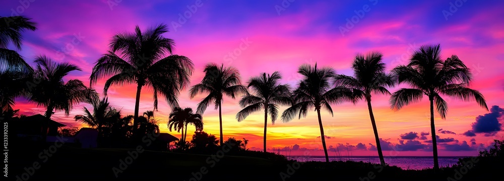 Obraz premium A vibrant, tropical sunset with palm trees silhouetted against the sky