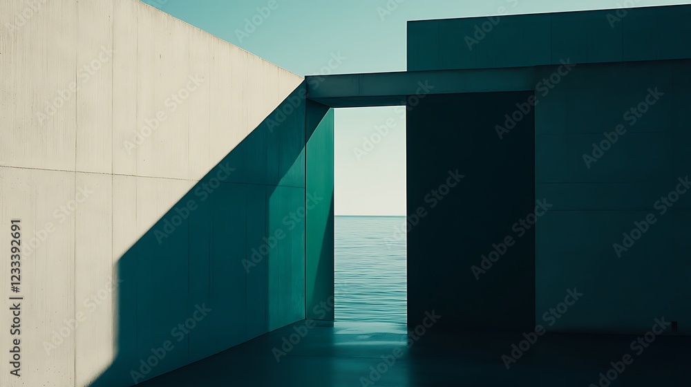 Modern architecture showcasing ocean view through a doorway Modern architecture showcasing ocean view through a doorway