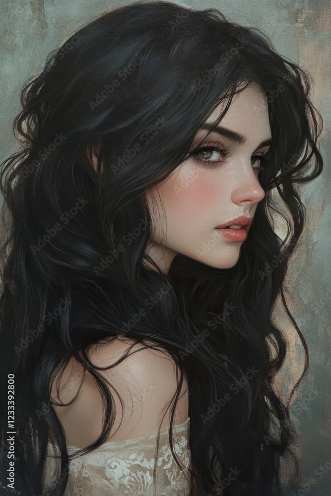 Naklejka premium A Dreamy Portrait Of A Woman With Long, Dark Hair, Wearing A Lace Top. The Painting Has A Soft, Romantic Feel, With Muted Colors And A Focus On The Woman'S Beauty.