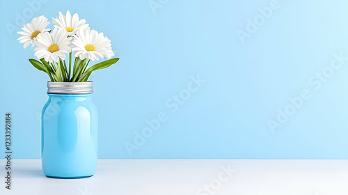 Wallpaper Mural Daisies in blue jar on white table, light blue background, spring card Torontodigital.ca
