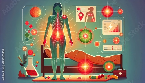 Medical infographics analyzing chronic pain in a woman's body, showing red zones and data related to her condition