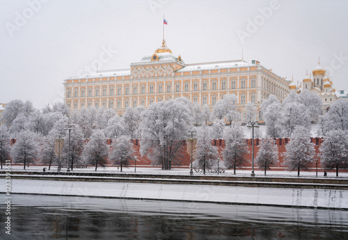 The building of the Grand Kremlin Palace, the official working residence of the president of Russia, from the embankment of the Moskva River on a snowy winter day, Moscow, Russia