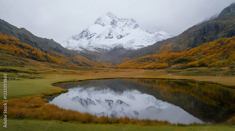 Snowy peak reflected in autumnal lake Snowy peak reflected in autumnal lake