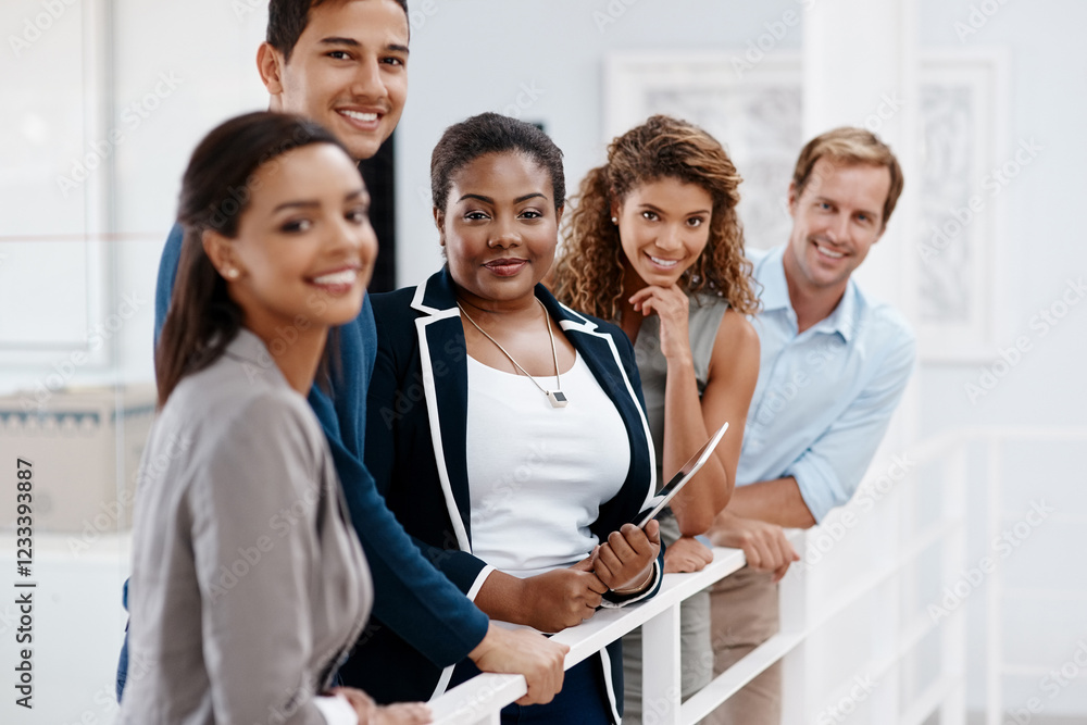Fototapeta premium Staff, portrait and office diversity for support, collaboration and group of people in media agency. Employees, solidarity and manager with tablet for company mission, planning and united news team