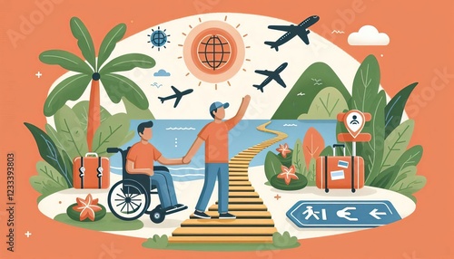 Travel planner creating accessible pathways for wheelchair user enjoying summer vacation