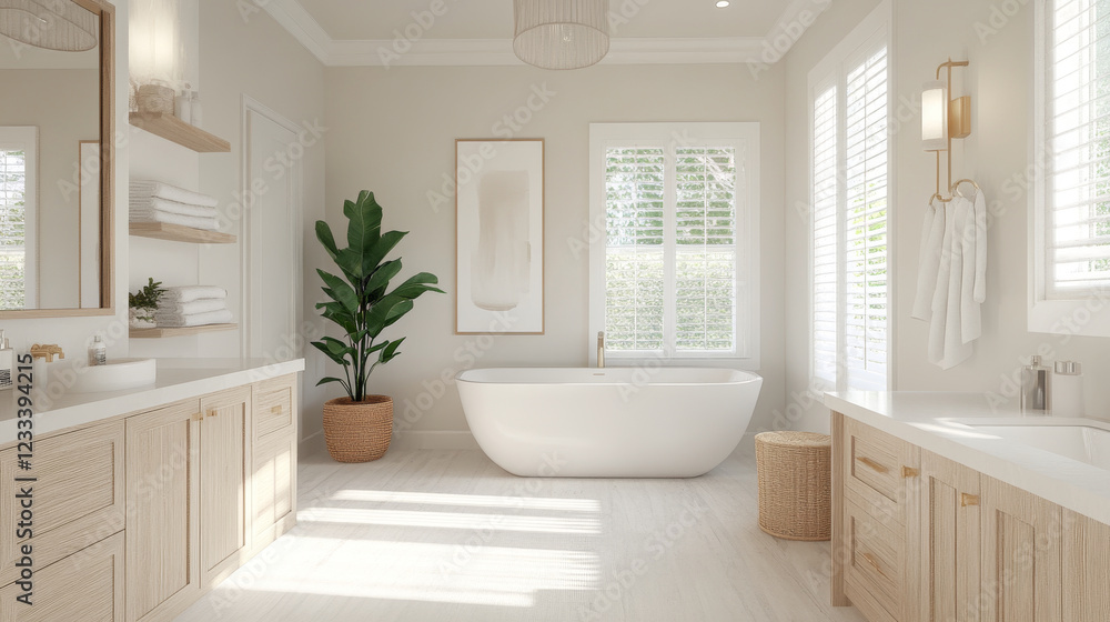 Fototapeta premium Modern bathroom with natural light, minimalist design, and greenery