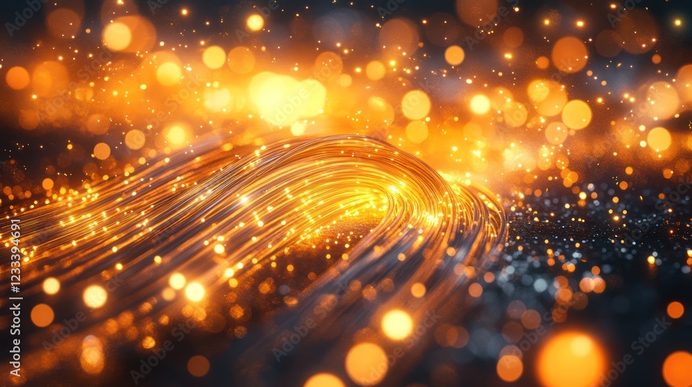 Fototapeta premium Golden fiber optic swirl, bokeh background, digital art, website banner