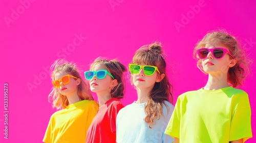 Trendy Girls in Bright Sunglasses Against Vibrant Pink Background