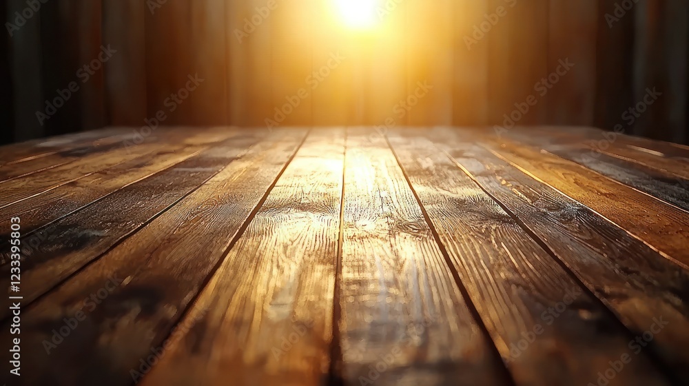 Empty wooden table with golden sunset light, ideal for product placement Empty wooden table with golden sunset light, ideal for product placement