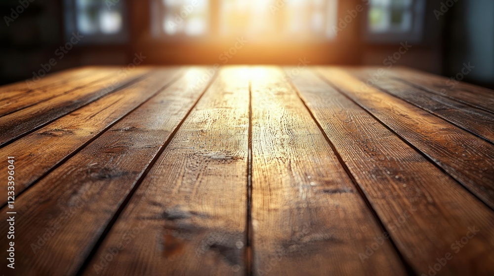 Empty wooden table with sunlight from window, ideal for product placement Empty wooden table with sunlight from window, ideal for product placement