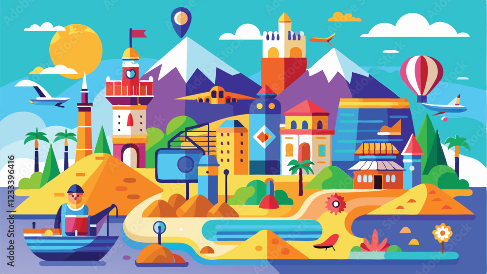 Obraz premium Craft Stunning Vector Landscapes of Iconic Travel Spots Featuring Beaches Mountains and Cities with Travel Themes