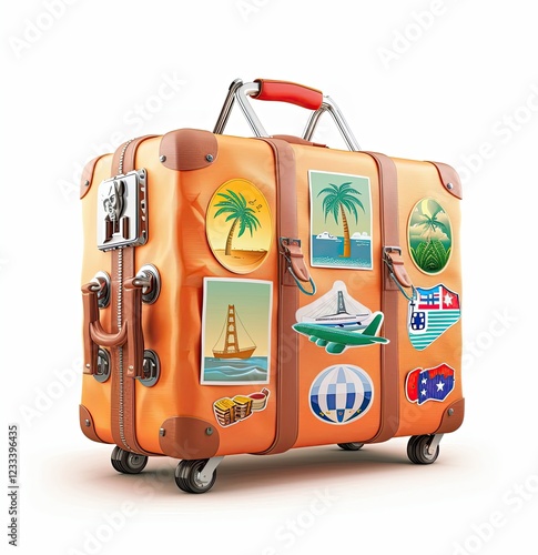 Illustration of a suitcase brimming with unique travel stickers, highlighting the joys of globetrotting and discovery. photo