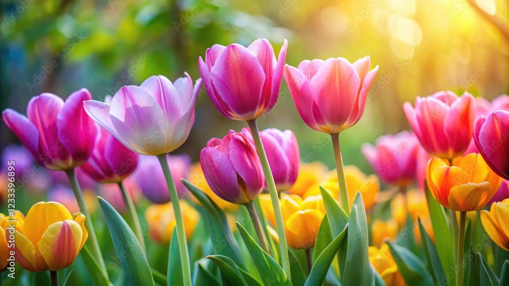 Vibrant spring tulips in a garden, with petals of pink and yellow colors, surrounded by lush green leaves and stems , spring tulips flowers, colorful flowers Vibrant spring tulips in a garden, with petals of pink and yellow colors, surrounded by lush green leaves and stems , spring tulips flowers, colorful flowers