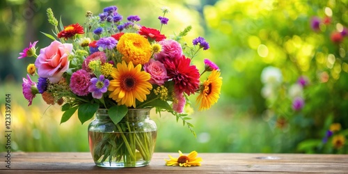 Vibrant floral arrangement in a glass vase , blossoms, garden flowers, blossoms