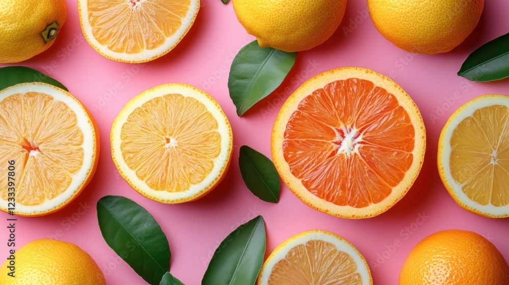 Citrus fruits halves, whole, leaves, pink background, food blog Citrus fruits halves, whole, leaves, pink background, food blog
