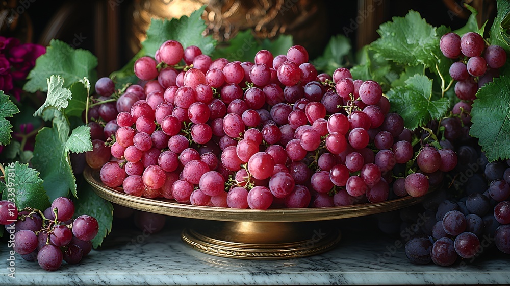 Red grapes on antique plate, marble table, dark background. Food photography for recipe, website, or magazine Red grapes on antique plate, marble table, dark background. Food photography for recipe, website, or magazine