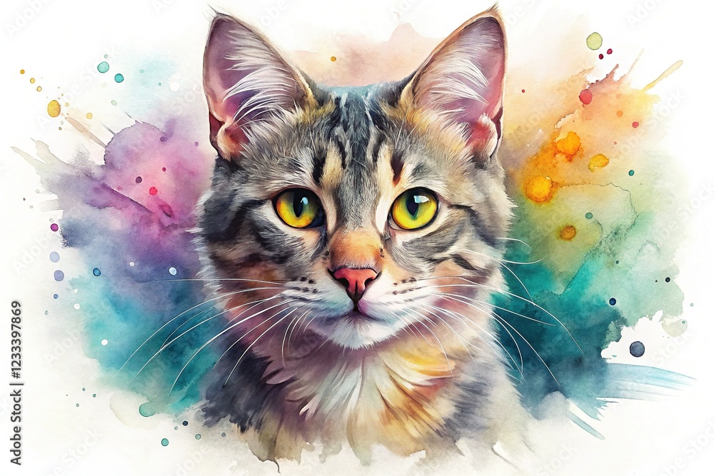 Fototapeta premium Artistic Feline: Watercolor Cat Illustration on a Pristine Canvas