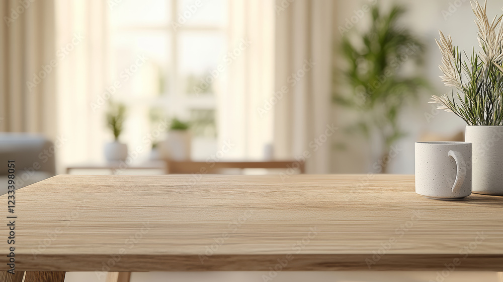 wooden table with minimalist design, featuring potted plants and white mug, creates serene and inviting atmosphere in bright room wooden table with minimalist design, featuring potted plants and white mug, creates serene and inviting atmosphere in bright room
