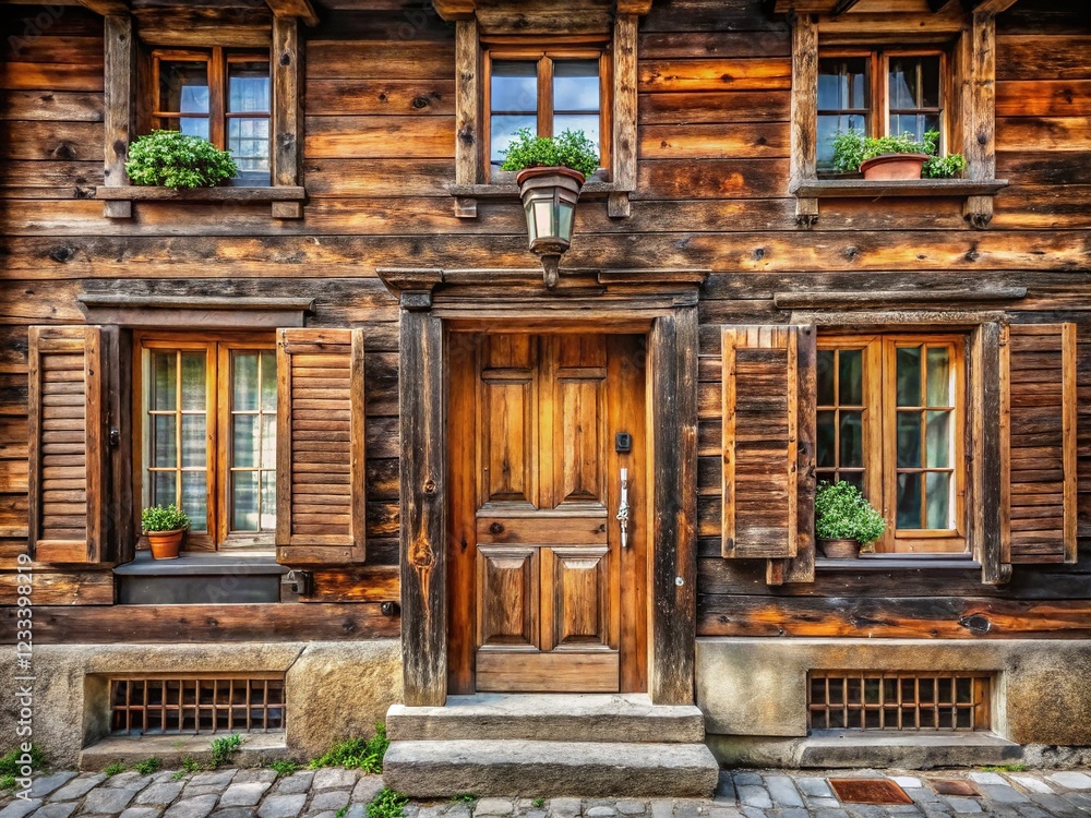 Charming Old Wooden Facade with Door and Windows Charming Old Wooden Facade with Door and Windows