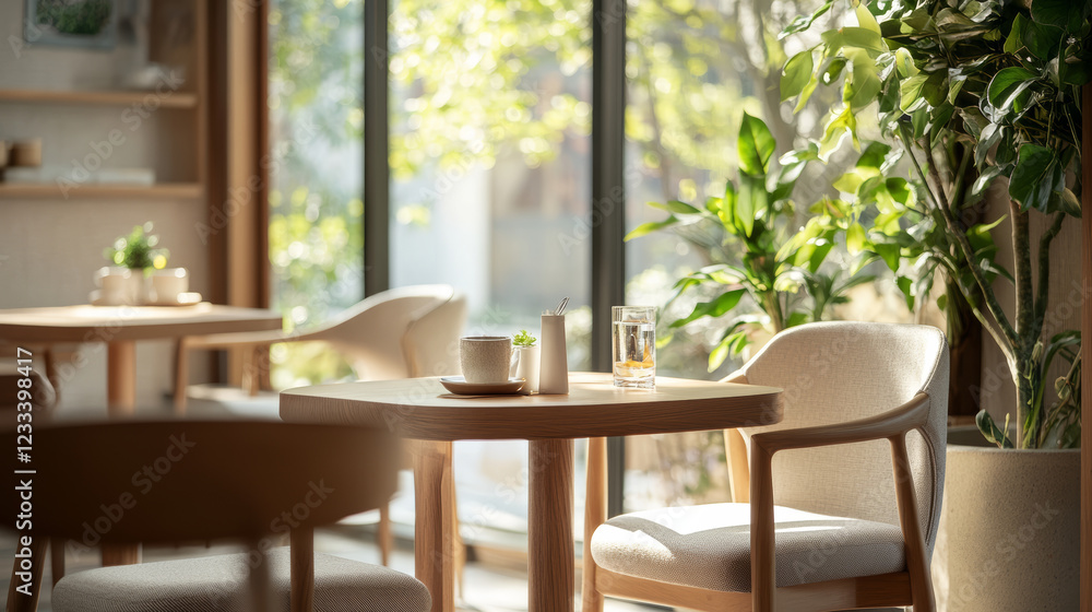 Fototapeta premium bright and inviting cafe interior featuring wooden tables, soft chairs, and lush greenery. Natural light streams through large windows, creating warm atmosphere