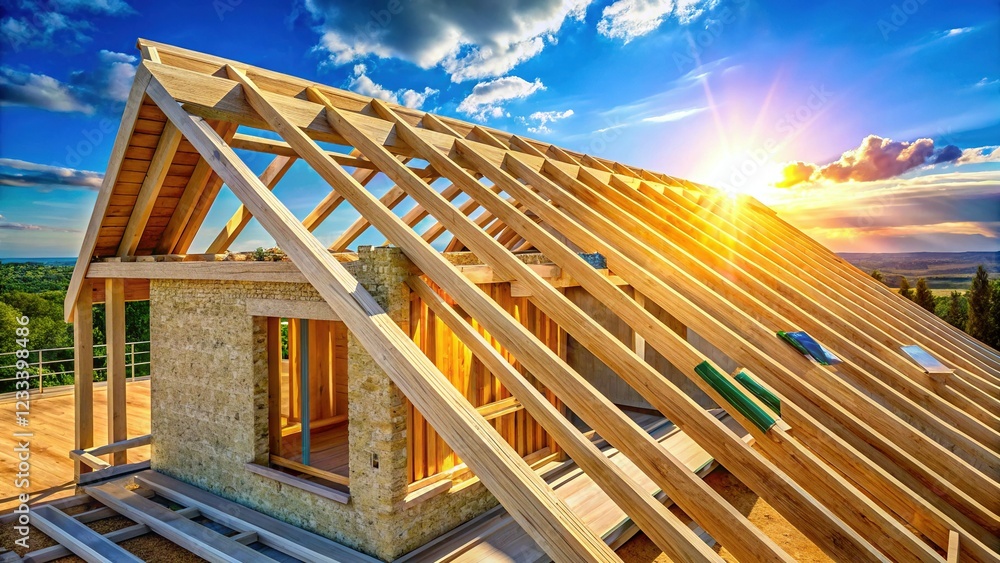 Fototapeta premium Construction Details of a New Frame House in the Morning Light