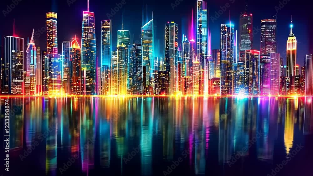 City skyline illuminated by colorful lights reflecting on water during night City skyline illuminated by colorful lights reflecting on water during night