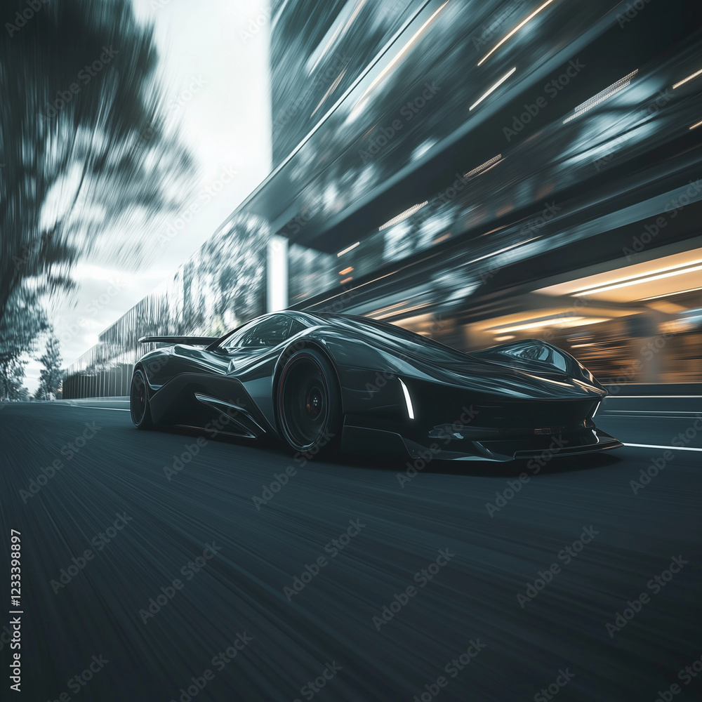 Fototapeta premium high tech fast, sports car, futuristic, speeding down the road low angle racing, dark gray,