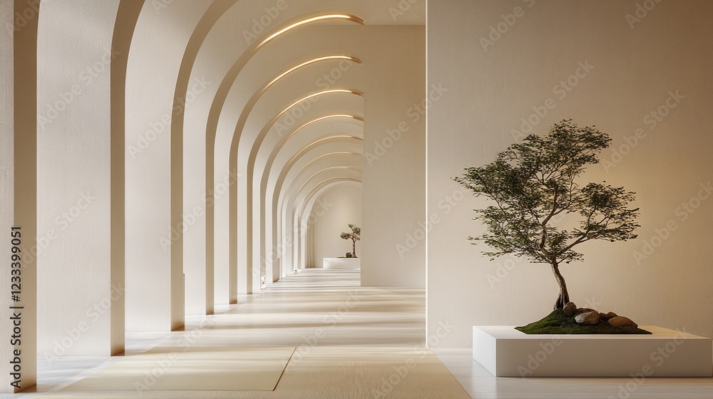 Fototapeta premium Minimalist hallway with arched doorways, tatami mats, and bonsai tree.