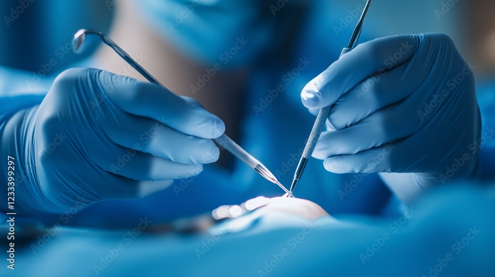 Gloved hands of a surgeon performing a delicate microsurgical procedure with specialized instruments, showcasing precision and expertise in a sterile operating room Gloved hands of a surgeon performing a delicate microsurgical procedure with specialized instruments, showcasing precision and expertise in a sterile operating room